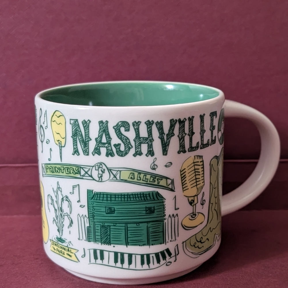 STARBUCKS Nashville Themed Ceramic Mug - Green and White